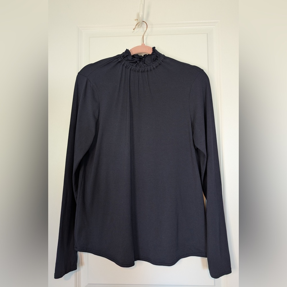 Hinson Wu Women’s Ruffle Neck Foundation Long Sleeve Shirt Navy Blue Size Small